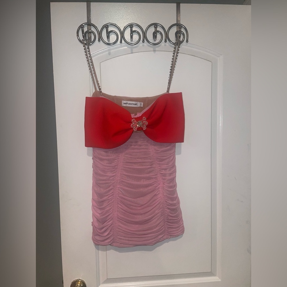 New! Self Portrait Bow Embellished Ruched Pink & Red Mini Dress 🎀 size 10 - Picture 14 of 16